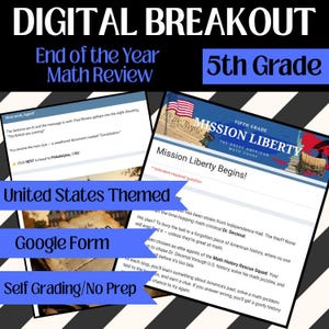 Puede incluir: Un juego de escape digital para la revisión de matemáticas de 5º grado, con temática de la historia de Estados Unidos. El formulario de Google es de autoevaluación y no requiere preparación. El juego se titula "Misión Libertad".