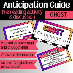 Puede incluir: Gráfico de una "Guía de Anticipación" titulada "GHOST". La guía incluye instrucciones y preguntas para la discusión. El diseño presenta un fondo negro con texto y acentos rosas, naranjas, morados y blancos.