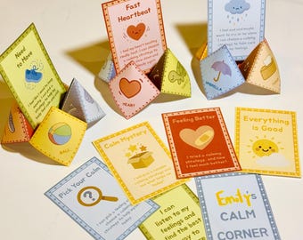 May include: A set of colorful printable cards for a calm corner activity. The cards feature different emotions and calming strategies, such as "Need to Move", "Fast Heartbeat", "Feeling Sad", "Calm Mystery", "Feeling Better", "Everything is Good", "Pick Your Calm", and "I can listen to my feelings". The cards are designed to help children learn how to manage their emotions and develop coping skills.