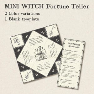 May include: A black and white printable fortune teller with a witch hat and a book design. The fortune teller is folded into a pyramid shape. The text on the fortune teller reads "You are ready for a trust..." and "Something you thought..." The image also includes a separate card with instructions for a "Mini Witch Ritual Guide".