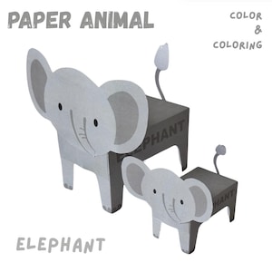 Créations d'animaux en papier éléphant pour enfants - Jouet Safari à faire soi-même imprimable en papier - Deux tailles - Pages à colorier - Activité préscolaire pour l'école à la maison PDF