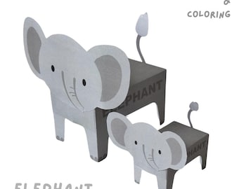 Elefant Papercraft - druckbare Tier DIY Spielzeug, Malseiten (PDF)
