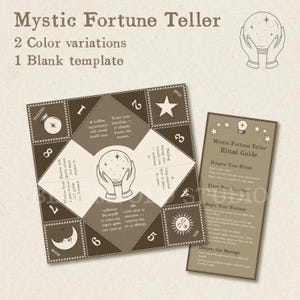 Op de afbeelding: Een bruin en wit fortuinteller-spel met een kristallen bol, sterren, maan en zon symbolen. Het spel bevat instructies voor een ritueel om je voor te bereiden op een waarzeg-sessie. De tekst bevat de woorden "Mystic Fortune Teller Ritual Guide".