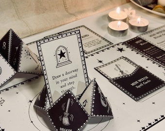 Jogo de adivinhação de bruxa para imprimir | Mini kit de oráculo de bruxa | Cartas de feitiços e símbolos | Conjunto de ritual digital de pega-pau para crianças ou adultos