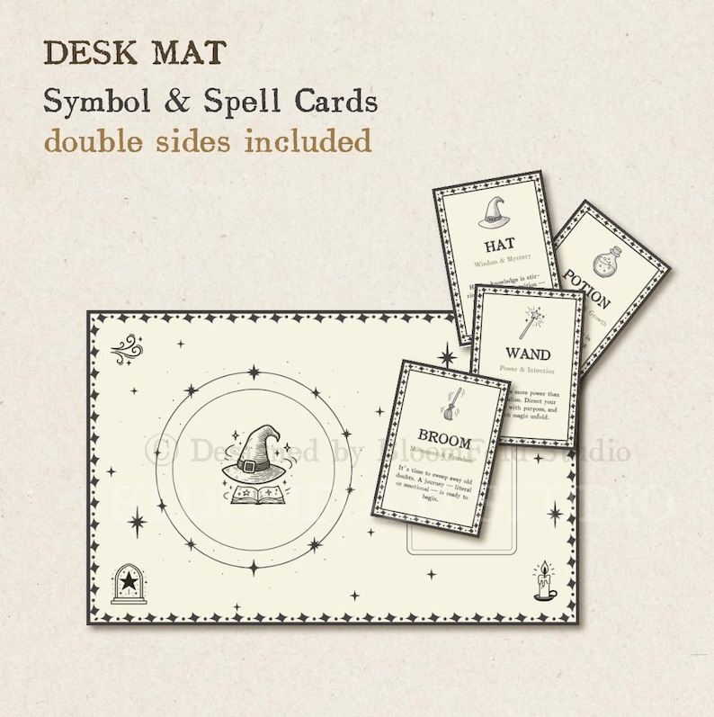 May include: A black and white desk mat with a witch's hat and book in a circle in the center. There are five cards with illustrations and text, including a hat, wand, potion, and broom.