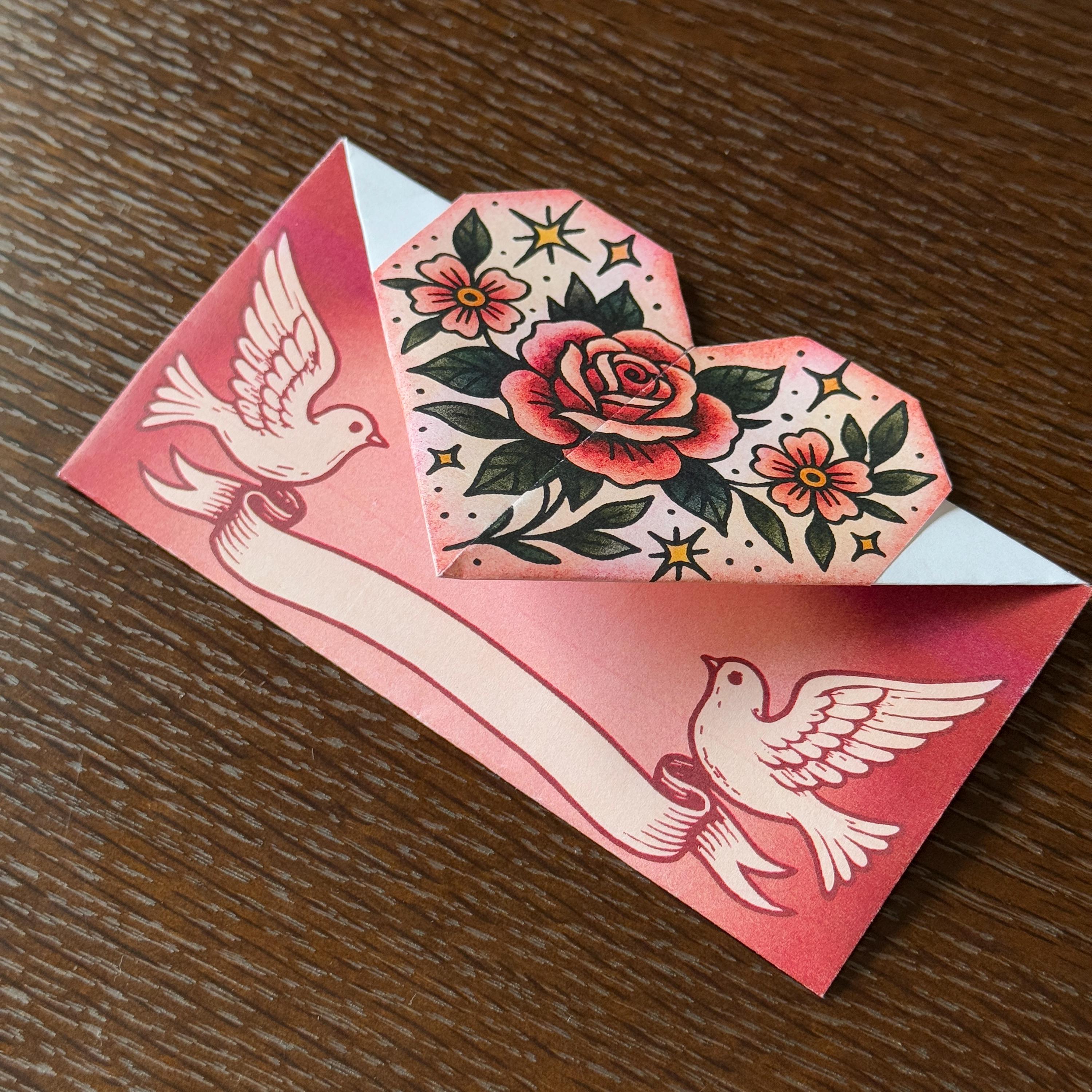 Printable Origami Heart Envelope Template, DIY Love Letter Kit (digital