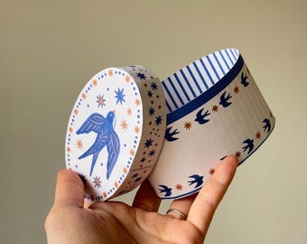 Oval Gift Box, Blue Bird Celestial Folk Art Papercraft (Digital Download)