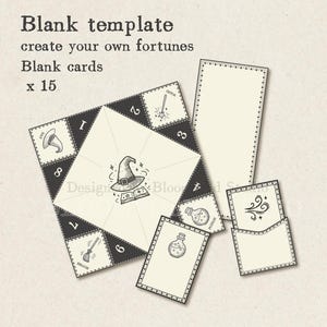 May include: A printable template for creating your own fortune telling game. The template features a witch's hat, a broom, a potion bottle, and a wand. The text "Blank template create your own fortunes Blank cards x 15" is printed on the top of the template.
