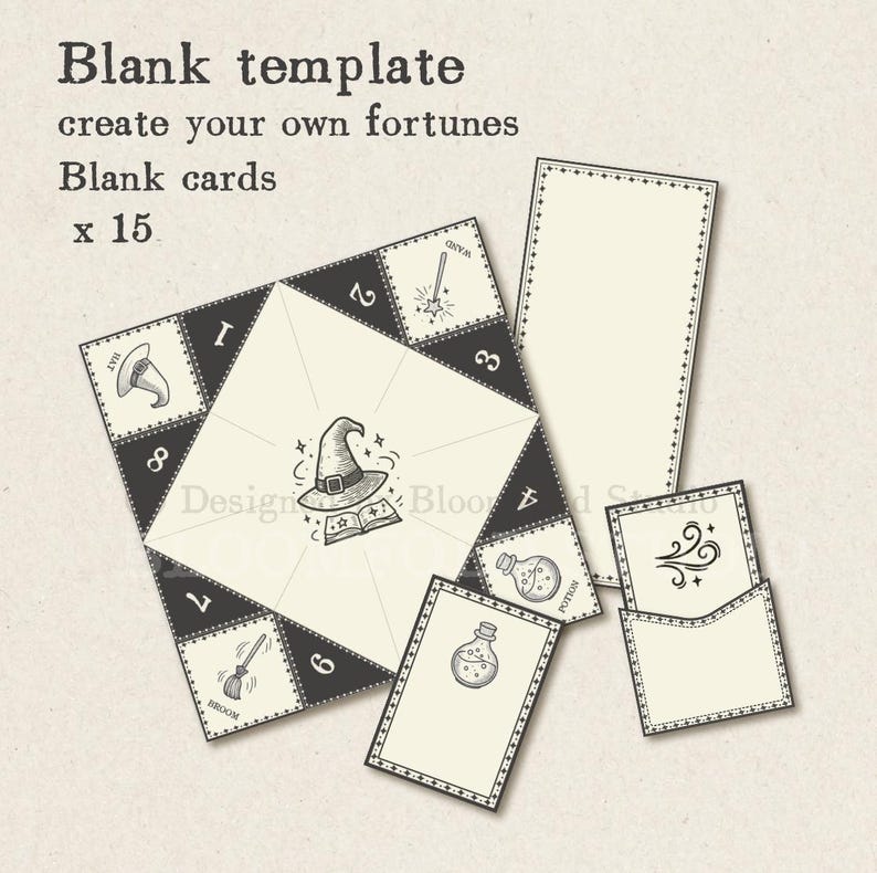 May include: A printable template for creating your own fortune telling game. The template features a witch's hat, a broom, a potion bottle, and a wand. The text "Blank template create your own fortunes Blank cards x 15" is printed on the top of the template.