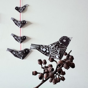 Modèle de note d'oiseau d'art populaire imprimable | Décoration d'oiseau | Oiseaux de rêve noirs pliables pour guirlande, étiquettes cadeaux et décoration | Bricolage pour message des Fêtes