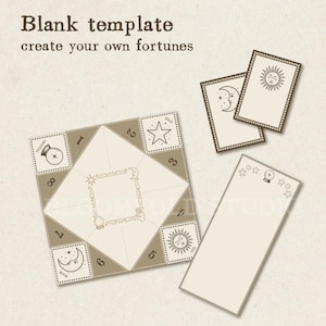 Op de afbeelding: Een printbare waarzegster-sjabloon met een ster-, maan-, zon- en kristallen bol-ontwerp. De sjabloon is gevouwen in een vierkant met acht genummerde panelen. De tekst "Blank template create your own fortunes" staat bovenaan de afbeelding.