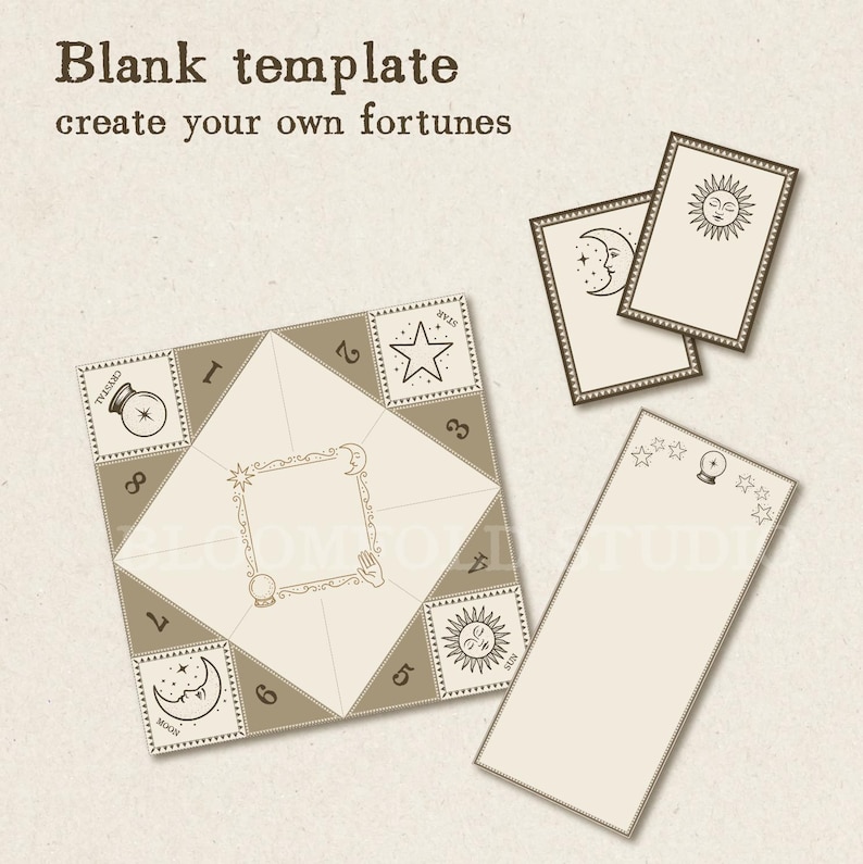 Op de afbeelding: Een printbare waarzegster-sjabloon met een ster-, maan-, zon- en kristallen bol-ontwerp. De sjabloon is gevouwen in een vierkant met acht genummerde panelen. De tekst "Blank template create your own fortunes" staat bovenaan de afbeelding.
