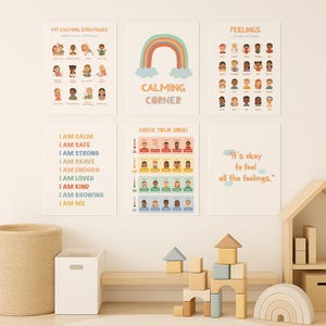 Kalmerende hoekposters voor kinderen – set van 6 afdrukbare SEL-posters | Gevoelskaart, zones van regulering, positieve bevestigingen, technieken, decor
