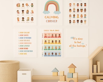 Calming Corner Posters for Kids –Set of 6 Printable SEL Posters |Feelings Chart,Zones of Regulation, Positive Affirmations, Techniques,Decor