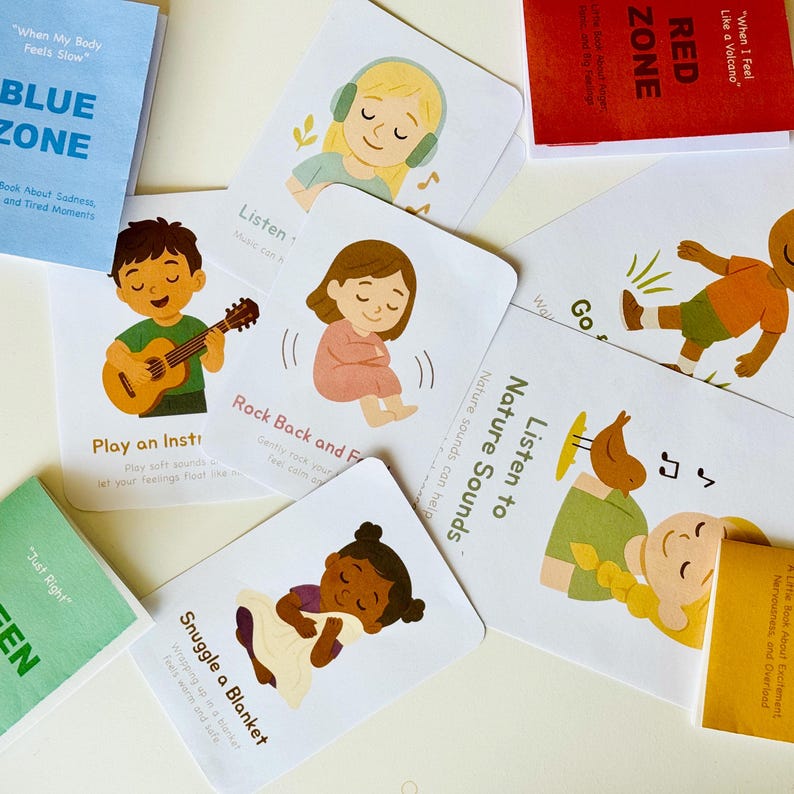 May include: A set of colorful cards with illustrations of children and text that reads "Listen to Nature Sounds", "Play an Instrument", "Rock Back and Forth", "Snuggle a Blanket", "Go for a Walk", and "Listen to Music".