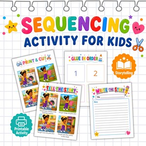 May include: A colorful educational activity set for kids, featuring the text "SEQUENCING ACTIVITY FOR KIDS." Includes printable worksheets with illustrations and prompts for storytelling, sequencing, and writing. The set has a storytelling theme.