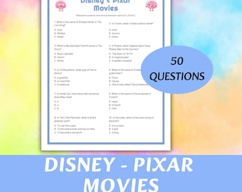 Disney & Pixar Movies Trivia Bundle, 50 Multiple Choice Questions Printable PDF