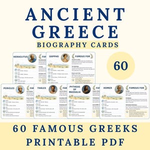 Può includere: Un set di 60 schede biografiche sull'Antica Grecia con figure storiche come Eraclito, Saffo, Pericle, Talete, Pitea di Massalia e Omero. Ogni scheda include un ritratto, date di nascita e morte, epoca, ruolo e informazioni.