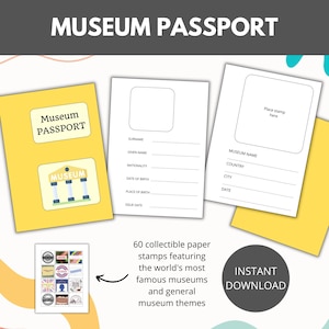 Museumpaspoort voor kinderen en kunstliefhebbers met 60 verzamelbare papieren postzegels, reis rond de wereld, afdrukbaar Direct downloaden