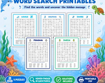 Marine Animal Word Search Printable Bundle for Kids, Shark Dolphin Whale Turtle Penguin, Hidden Message Puzzle Game, Ocean Activity PDF