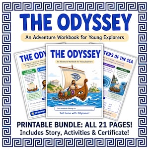 Può includere: Un pacchetto di quaderni di esercizi stampabili intitolato The Odyssey: An Adventure Workbook for Young Explorers. La copertina mostra una nave in legno con un simbolo dell'occhio sulla vela, che naviga su onde blu. Include 21 pagine di attività.
