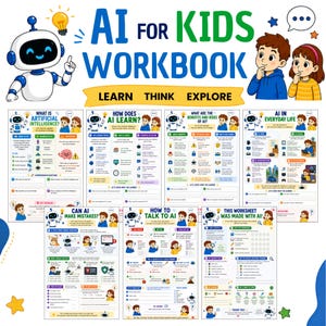 Może przedstawiać: Zeszyt ćwiczeń zatytułowany AI FOR KIDS WORKBOOK LEARN THINK EXPLORE z białym robotem i dwojgiem dzieci. Zeszyt zawiera siedem stron dotyczących sztucznej inteligencji, tego jak uczy się AI, korzyści, zagrożeń oraz zastosowania w codziennym życiu.