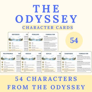 Può includere: Un set di 54 carte personaggio intitolate The Odyssey Character Cards. Ogni carta presenta un'intestazione con il nome del personaggio, un'illustrazione paesaggistica di una nave in mare e sezioni per Home, What, In the Story e Did You Know.