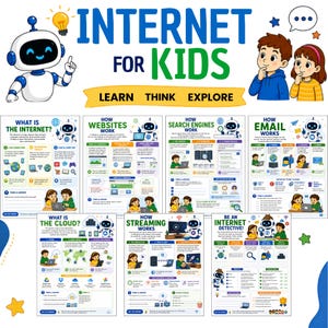 May include: An educational poster titled INTERNET FOR KIDS with the subtext LEARN THINK EXPLORE. It features a white robot and two children, with seven detailed sections explaining the internet, websites, search engines, email, cloud, and streaming.