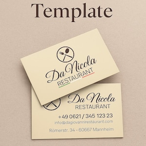 Puede incluir: Plantilla de tarjeta de visita de restaurante de color crema con el texto "Plantilla editable" en la parte superior. La tarjeta presenta el logotipo del restaurante, el nombre "Da Nicola Restaurant" e información de contacto.