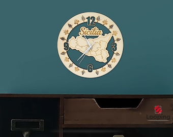 Wooden clock with Sicilia motif – Rustic wall clock with cut-out island & engraving