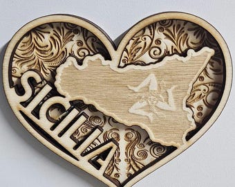 Calamita cuore Sicilia con Trinacria | Souvenir in legno 3D laser cut | Magnets artigianale fatto a mano