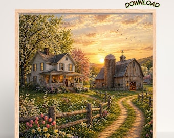 Stampa di paesaggio rurale al tramonto, decorazione murale per cottage di campagna (download digitale)