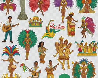 Set de pegatinas digitales del Carnaval de Río: Bailarines y máscaras de colores (descarga digital)