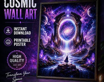 Arte mural cósmico místico imprimible, póster del árbol de la vida galáctico, arte espacial espiritual, decoración de pared del universo, descarga digital de fantasía,