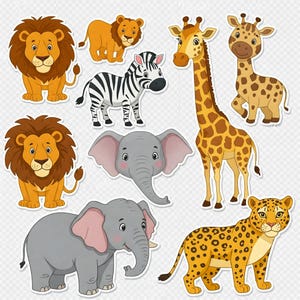 Safari Animal Stickers PNG | Jungle Nursery Clipart | Cute Baby Animals | Digital Download