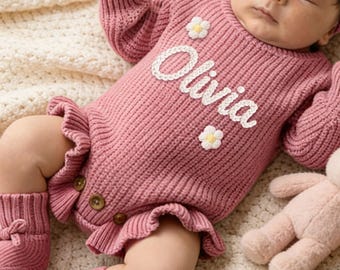 Hand Embroidered Name Baby Romper Set, Custom Baby Name Knit Ruffle Romper, Baby Shower Gift, Ruffle Infant Romper, First Birthday Gift
