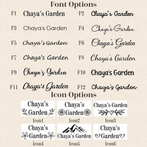 K&ouml;nnte beinhalten: Beige Grafik mit Schrift- und Symboloptionen. Der Text "Chaya's Garden" wird in verschiedenen Schriftarten und Stilen angezeigt. Unter den Schriftarten werden sechs Symbole angezeigt, jedes mit dem Text "Chaya's Garden" und einem einzigartigen Design.