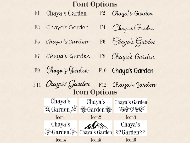 K&ouml;nnte beinhalten: Beige Grafik mit Schrift- und Symboloptionen. Der Text "Chaya's Garden" wird in verschiedenen Schriftarten und Stilen angezeigt. Unter den Schriftarten werden sechs Symbole angezeigt, jedes mit dem Text "Chaya's Garden" und einem einzigartigen Design.