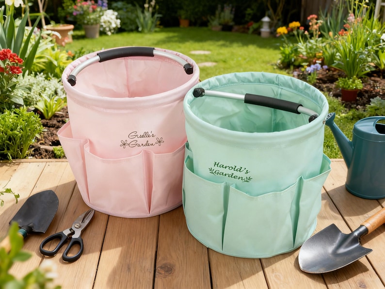 K&ouml;nnte beinhalten: Zwei Gartenger&auml;te-Tragetaschen, eine rosa und eine mintgr&uuml;ne, mit schwarzen Griffen und mehreren Taschen. Die rosa Tasche tr&auml;gt den Text "Grille's Garden" und die gr&uuml;ne Tasche "Harold's Garden". Gartenger&auml;te, darunter eine Kelle, eine Schere und eine Schaufel, sind sichtbar.