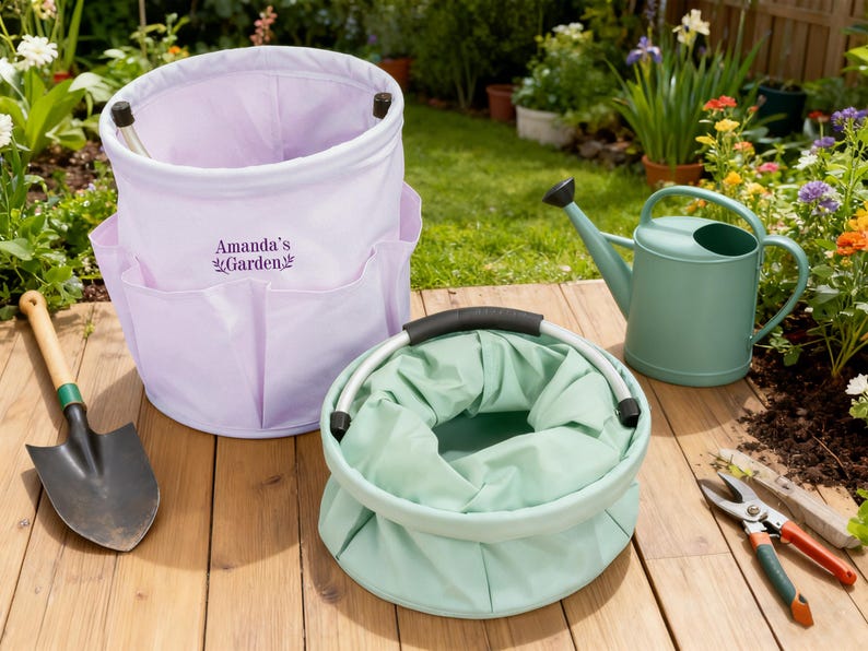K&ouml;nnte beinhalten: Ein helllila Garten-Eimer mit Taschen und dem Text "Amanda's Garden" neben einem gr&uuml;nen, zusammenklappbaren Garten-Eimer, einer gr&uuml;nen Gie&szlig;kanne, einer kleinen Schaufel und einer Gartenschere auf einer Holzoberfl&auml;che.