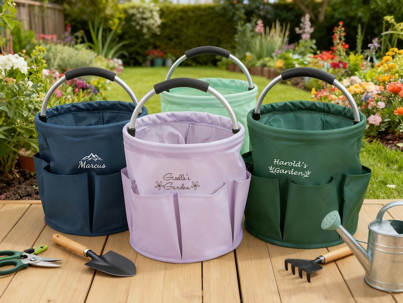 May include: Four colorful garden tool organizers with metal handles and side pockets. The organizers are navy blue, light green, lavender, and dark green. Each has a different name embroidered on the front. Garden tools and a watering can are in the foreground.