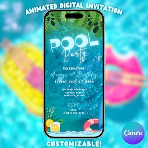 Editable Pool Party Invitation,  Animated Canva Template for Summer Birthday, Tropical Neon Blue Evite, Text Invitation, Digital Invitation