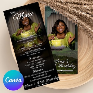 Menu d'anniversaire personnalisable, modèle sur toile, menu de table, carte d'image complète pour événements, modèle de menu d'événements pour anniversaires