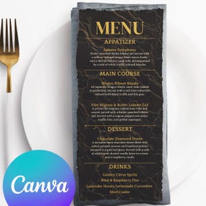 Printable Birthday Menu, Canva Template, Black and Gold Marble, Customizable Dinner Table Menu, Event Menu Template for Birthdays