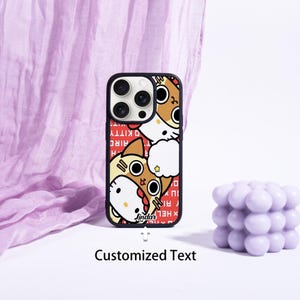 May include: A black phone case featuring a cartoon cat design with a red background and white text. The case has a black border and the text "Customized Text" is at the bottom.