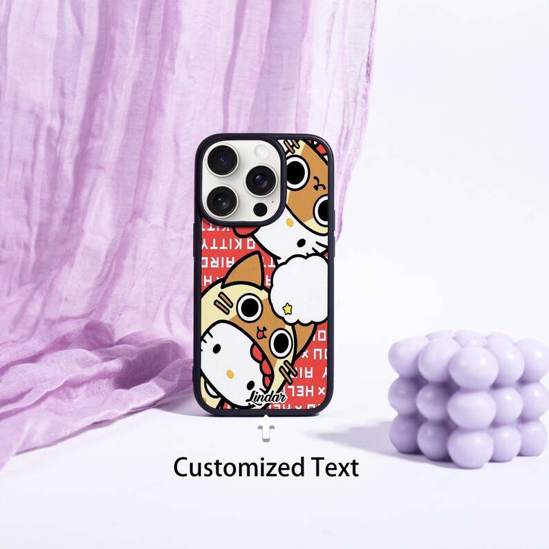 May include: A black phone case featuring a cartoon cat design with a red background and white text. The case has a black border and the text "Customized Text" is at the bottom.