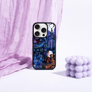 May include: Black phone case with a colorful illustration featuring a full moon, a haunted house, and two figures. The case has a dark blue and purple color scheme with the text "Be Careful what you wish for".