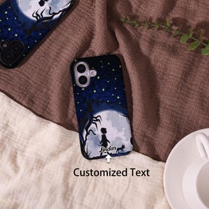 May include: Black phone case with a night sky design featuring a full moon, silhouette of a person, and a cat. The case has a dark blue background with white stars and the text "Customized Text".