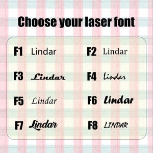 K&ouml;nnte beinhalten: Eine Tabelle mit acht verschiedenen Laser-Schriftarten f&uuml;r die Gravur. Die Optionen sind mit F1 bis F8 gekennzeichnet und jede Schriftart wird mit dem Wort "Lindar" dargestellt.
