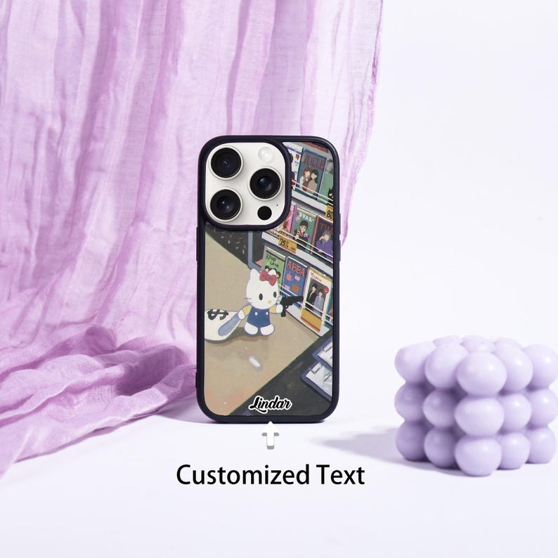 May include: Black phone case featuring a colorful illustration of a cartoon character in a city scene. The case has a black border and the text "Customized Text" at the bottom. The character is wearing a bow and holding a bag.